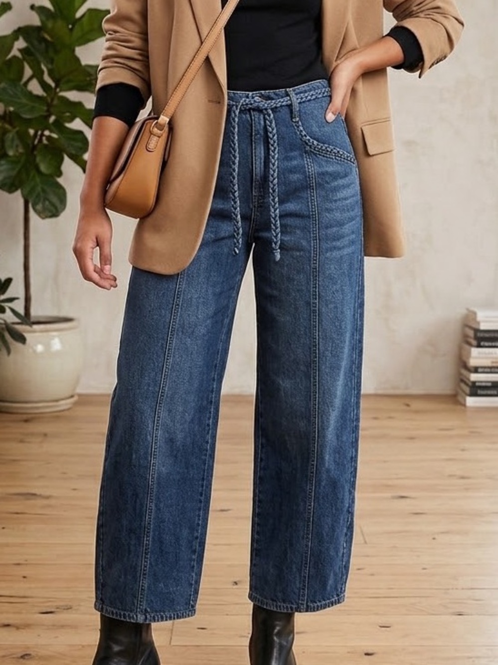 Time and Tru Dark Blue Wide-Leg Jeans with Braided Tie Waist